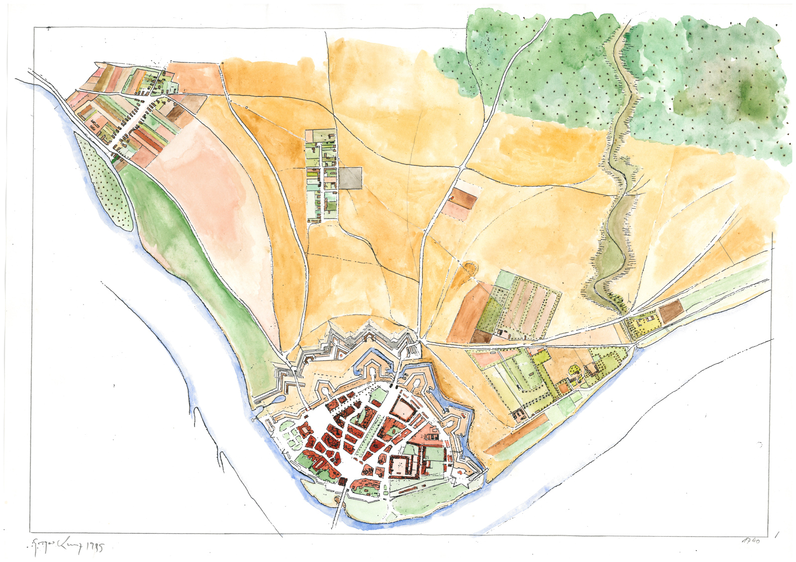 Stadtplan der Dresdner Neustadt mit dem Umland, das langsam bebaut wird